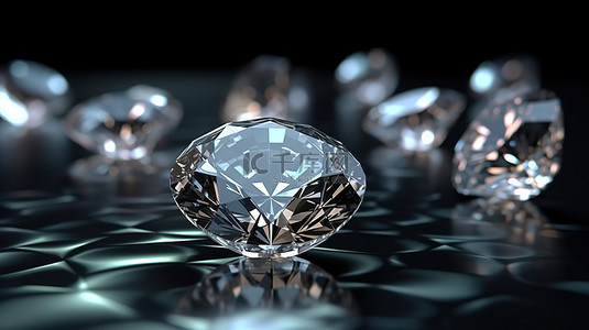 在 3D 渲染中，钻石簇设置在光滑的反光背景下，具有模糊效果