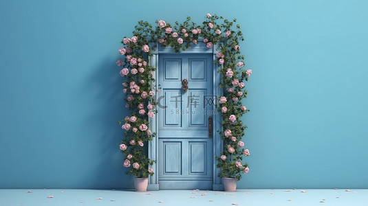 攀爬植物背景图片_蓝色墙壁的 3D 渲染，装饰着攀爬玫瑰和迷人的蓝色门