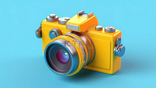 卡通3d创意背景图片_蓝色背景上黄色相机的 3D 渲染插图