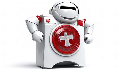 红色金属屏蔽现代洗衣机，在 3D 渲染的平原背景上带有白色字符吉祥物
