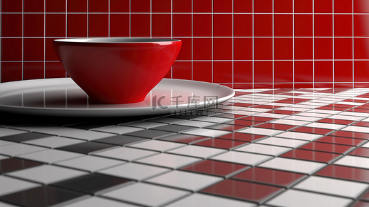 3D 渲染单色平面红色厨房柜台，马赛克墙关闭且空