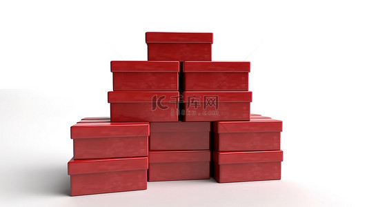 各种空披萨盒堆放在 3d 创建的白色背景上的红色邮箱内