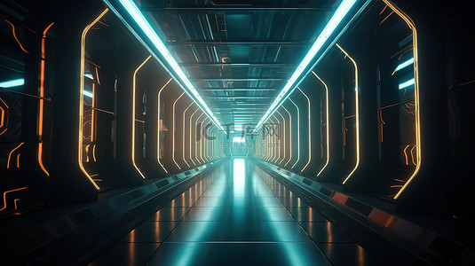 抽象霓虹灯隧道走廊科幻风格的未来派 3D 渲染