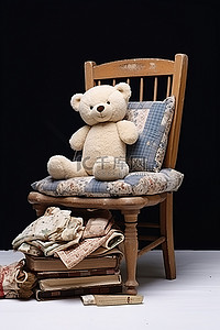 坐在木椅上的毛绒泰迪熊