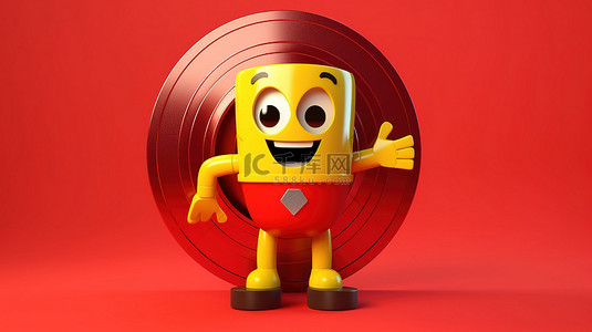 黄色背景的 3D 渲染，带有红色金属保护罩字符吉祥物和胶片卷轴电影磁带