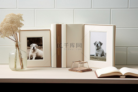 小狗装饰背景图片_桌子上有一个棒球框和两本照片书