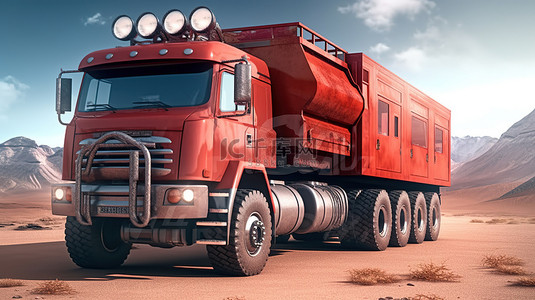 重型运输背景图片_一辆重型红色卡车，专为偏远地区具有挑战性的探险而设计 3D 插图