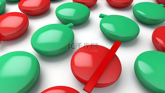 白色背景隔离绿色复选标记和红色 x 图标的 3d 插图