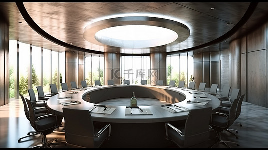 现代办公环境中令人惊叹的行政会议室和会议桌的现代 3D 渲染