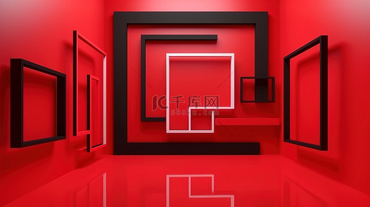 画廊 3d 渲染图像中红墙上挂着的空相框