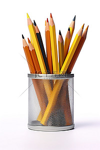 一个装满铅笔的金属杯，上面还有更多的铅笔
