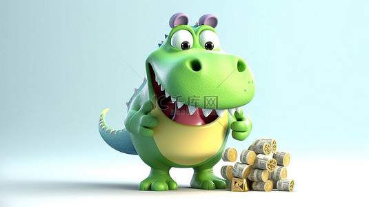 可爱小猪背景图片_有趣的 3D 恐龙人物，带有标志和储蓄罐
