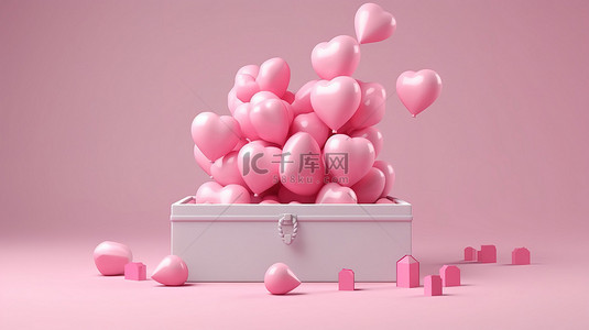 管网空间背景图片_3D 渲染一个宽敞的粉红色礼品盒，里面装满了心形气球爱情笔记和更多空间