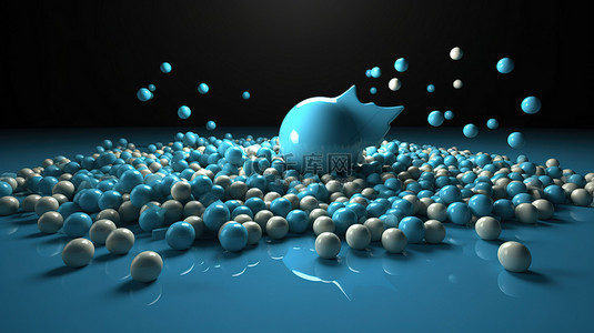 蓝色背景，上面有大量有光泽的推特胶囊和 3D 推特标志