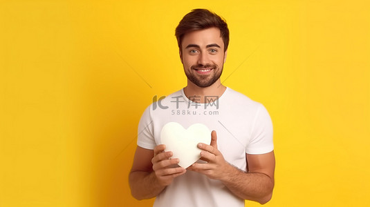 穿着t恤的人背景图片_一位穿着白色 T 恤的迷人美国人握着一颗 3D 制作的纸心，涂成红色，在黄色背景下庆祝情人节