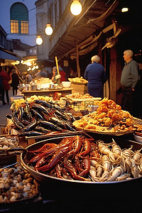 美食商业背景图片_加利西亚港的传统地中海海鲜美食