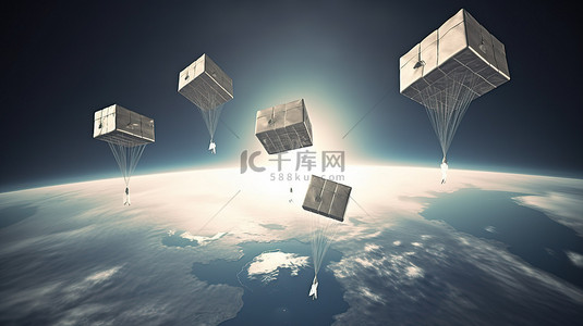 全球包裹递送概念 3d 降落伞运输箱子在地球上空翱翔