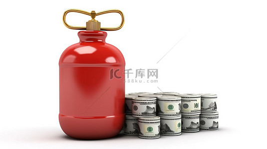 金融钱罐背景图片_白色背景上孤立气瓶和一堆钱的 3D 渲染
