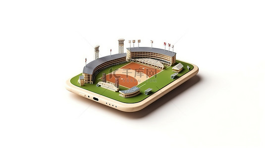 体育互联网背景图片_板球场 3D 视图，配有锦标赛装备智能手机和复制空间的白色背景