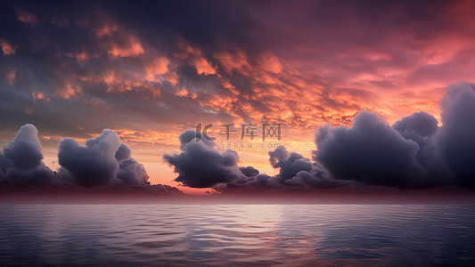 水彩白云背景图片_大海天空云层红色云霞