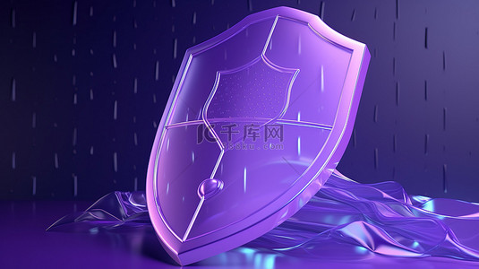 3D渲染中具有数据安全保护安全和密码的紫色盾牌图标透视