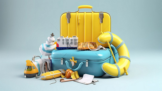 白色背景，带有蓝色救生圈和黄色手提箱，以 3D 渲染，周围环绕着假日物品