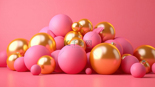黄色背景下粉红色圣诞球的极简主义节日 3D 渲染