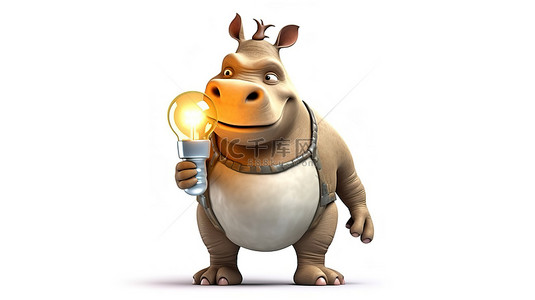 犀牛卡通背景图片_搞笑犀牛卡通挥舞着标志和灯泡