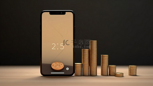 后台背景图片_智能手机显示屏和硬币在后台 3D 渲染中加速业务和投资增长