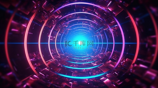 荧光蓝荧光背景图片_3D 渲染的未来隧道，星空背景中带有发光圆圈和霓虹灯