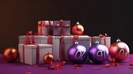 红金色背景背景图片_节日 3D 日历，配有圣诞节和新年派对装饰球丝带和礼品盒