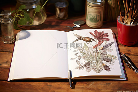 春节明信片背景图片_桌上有一本打开的笔记本，上面有钢笔和墨水