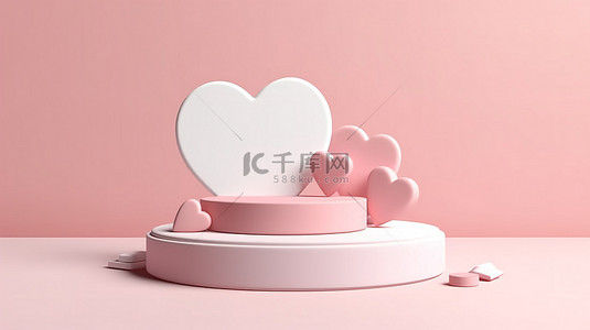 卡粉色背景图片_情人节在粉色和白色舞台上展示 3D 渲染