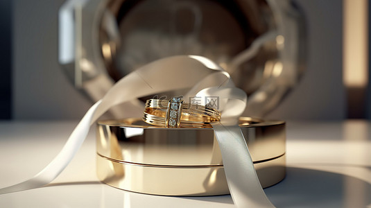 金色禮盒背景图片_带有白色丝带和闪闪发光的 3d 金戒指的金色礼物盒