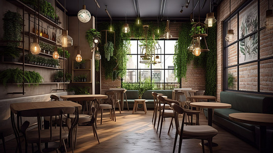 家居背景图片_计算机生成的餐厅和咖啡店内部图像，3d 渲染中的植物