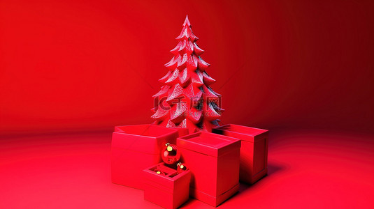 红色包装盒背景图片_红色礼品盒展示了精美渲染的 3D 圣诞树