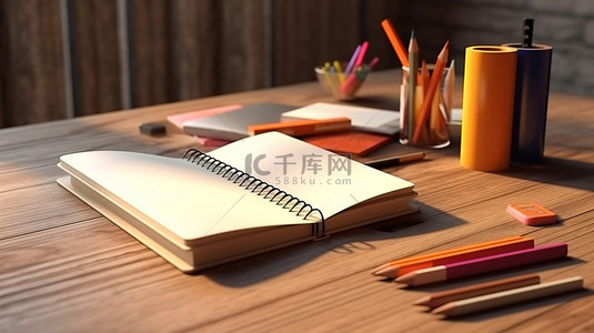 笔记本背景图片_3D 渲染中排列在桌子上的空笔记本和办公用品