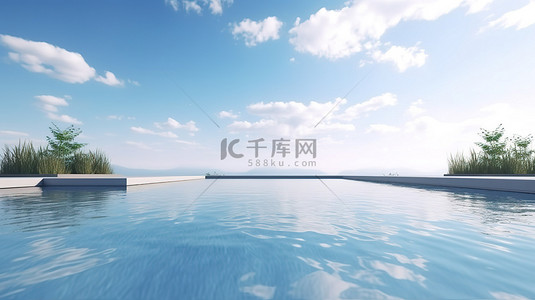 旅游酒店背景图片_3D 渲染中迷人的天空和室外游泳池