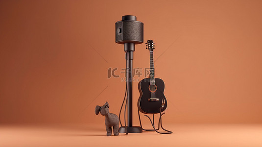 骑麦克风背景图片_吉他耳机和复古麦克风的设计插图，带有 3D 渲染中的短腿支架