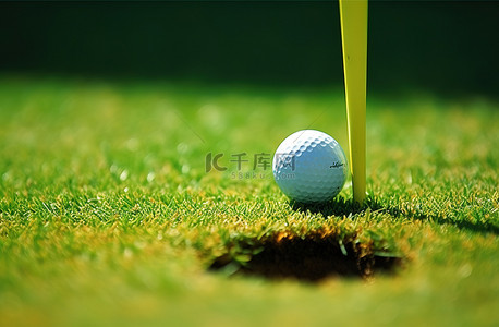 高尔夫球合影背景图片_高尔夫球在绿色的洞中