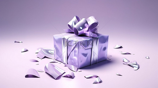 礼物打开时紫色和白色蝴蝶结的 3D 渲染插图