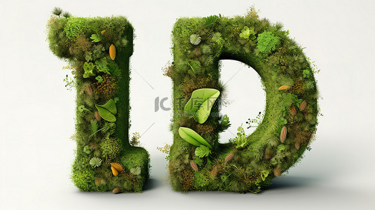 3d 字母 u 与郁郁葱葱的绿色植物叶草和草药与剪切路径
