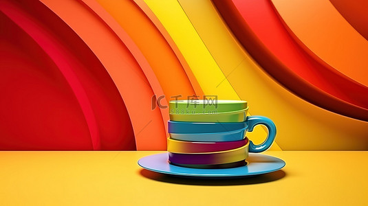 充满活力的 3D 咖啡杯背景，适用于样机设计横幅工作室和展览