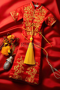 黄中国背景图片_红色中式连衣裙，红黄相间