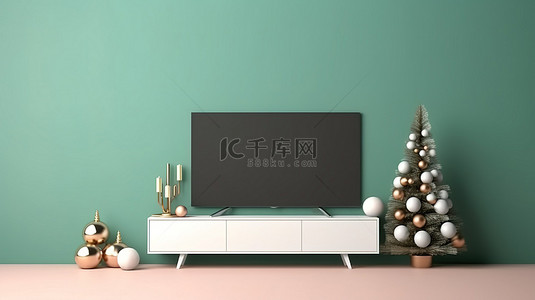 圣诞绿色背景背景图片_节日客厅配有电视模型，配有空白绿屏 3D 渲染图像