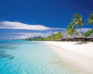 热带海水背景图片_白色的海滩，棕榈树和清澈的蓝色海水