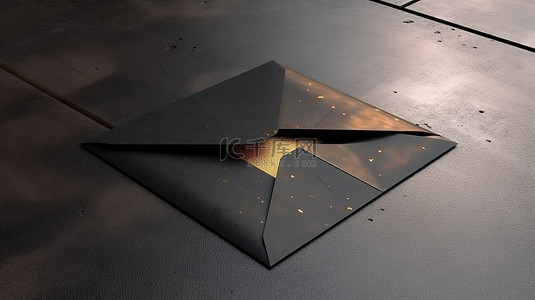 优雅的黑色信封，混凝土地板上带有金色邀请函 3D 渲染
