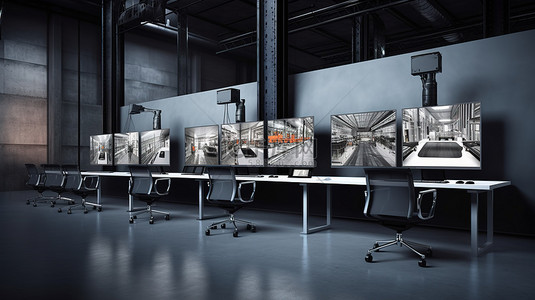计算机屏幕在 3d 渲染的工业工作区中显示视频会议