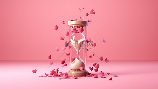 復古婚禮背景图片_3d 渲染粉红色背景的插图，心围绕沙漏飞行