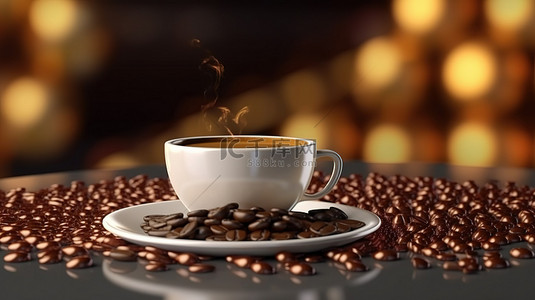 卡咖啡背景图片_一杯温暖的乔，周围环绕着 3D 渲染的逼真咖啡豆